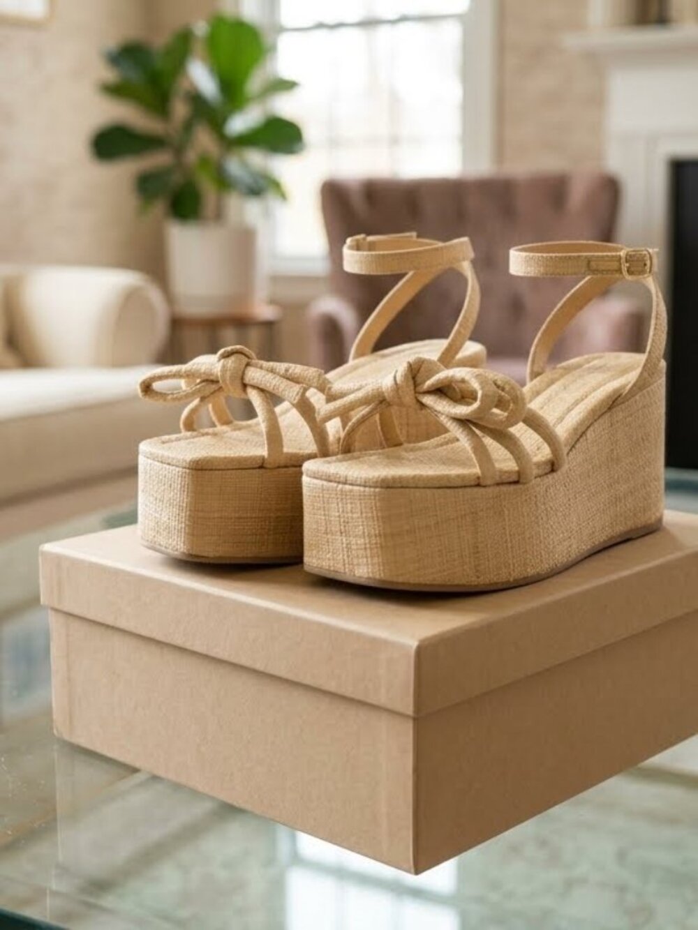 Woven Raffia Platform Wedge Sandals Bow Knot Heels